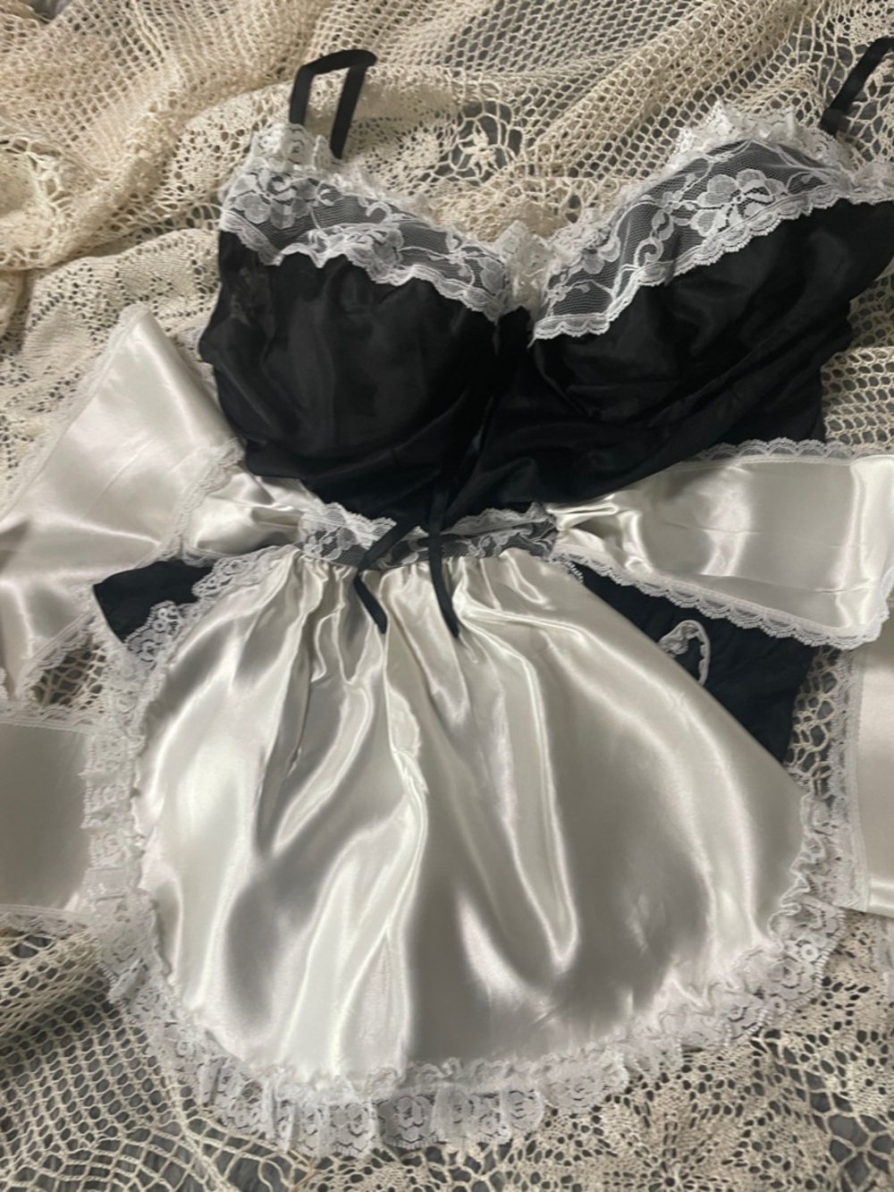 Black and White Satin Lace Chemise with Apron Accent